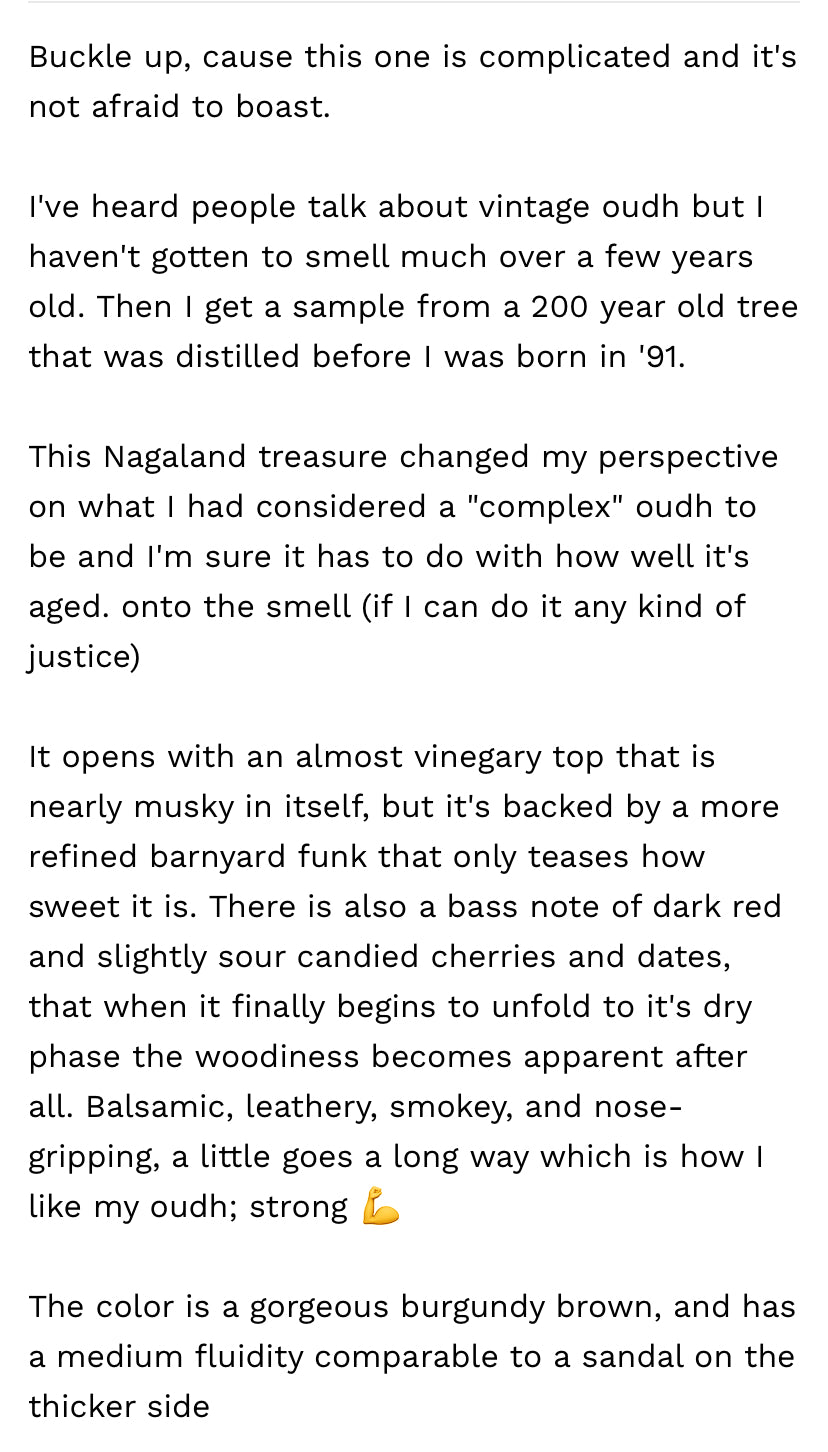 Dhansiri Ateek 1987 : Nagaland Hindi Oud Oil - Traditional Wood Fired Indian Dehn al Oudh - Pure Artisan Oud Oil - Rising Phoenix Perfumery