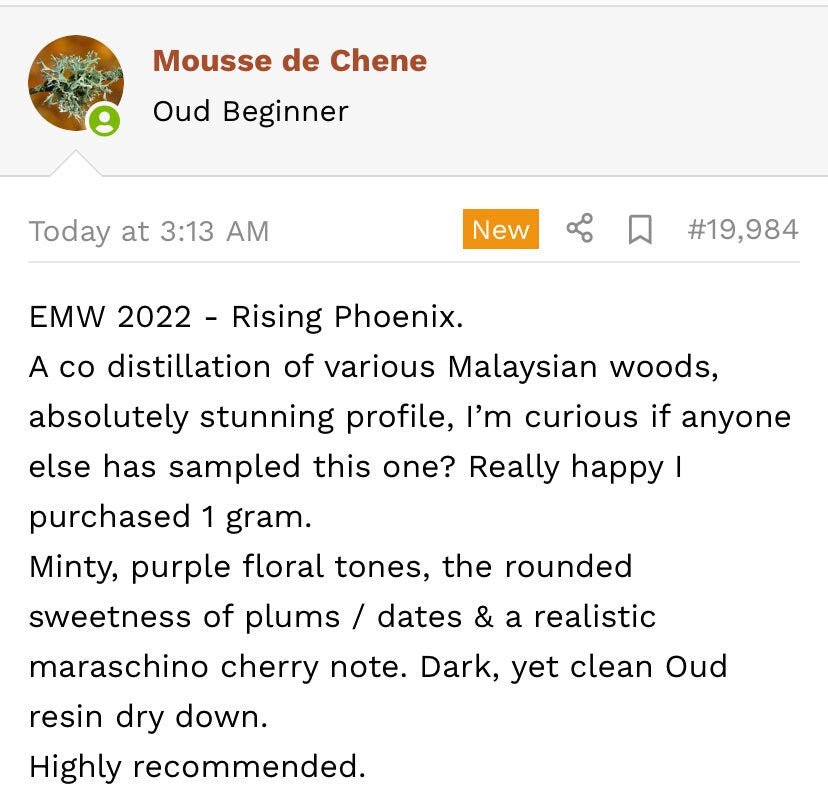 EMW 2022 : West Malaysian Mount Panti Co-Distilled with Sabah Keningau - East Meets West - Pure Dehn al Oudh Oil - Pure New Gen Oud Oil - RisingPhoenixPerfumery.com