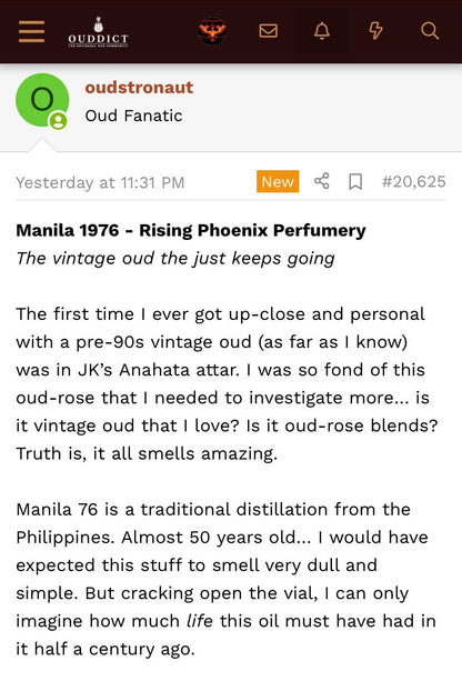 Manila Ateek 1976 : Pure Filippino Oud Oil - Philippines Dehn al Oudh - RisingPhoenixPerfumery.com