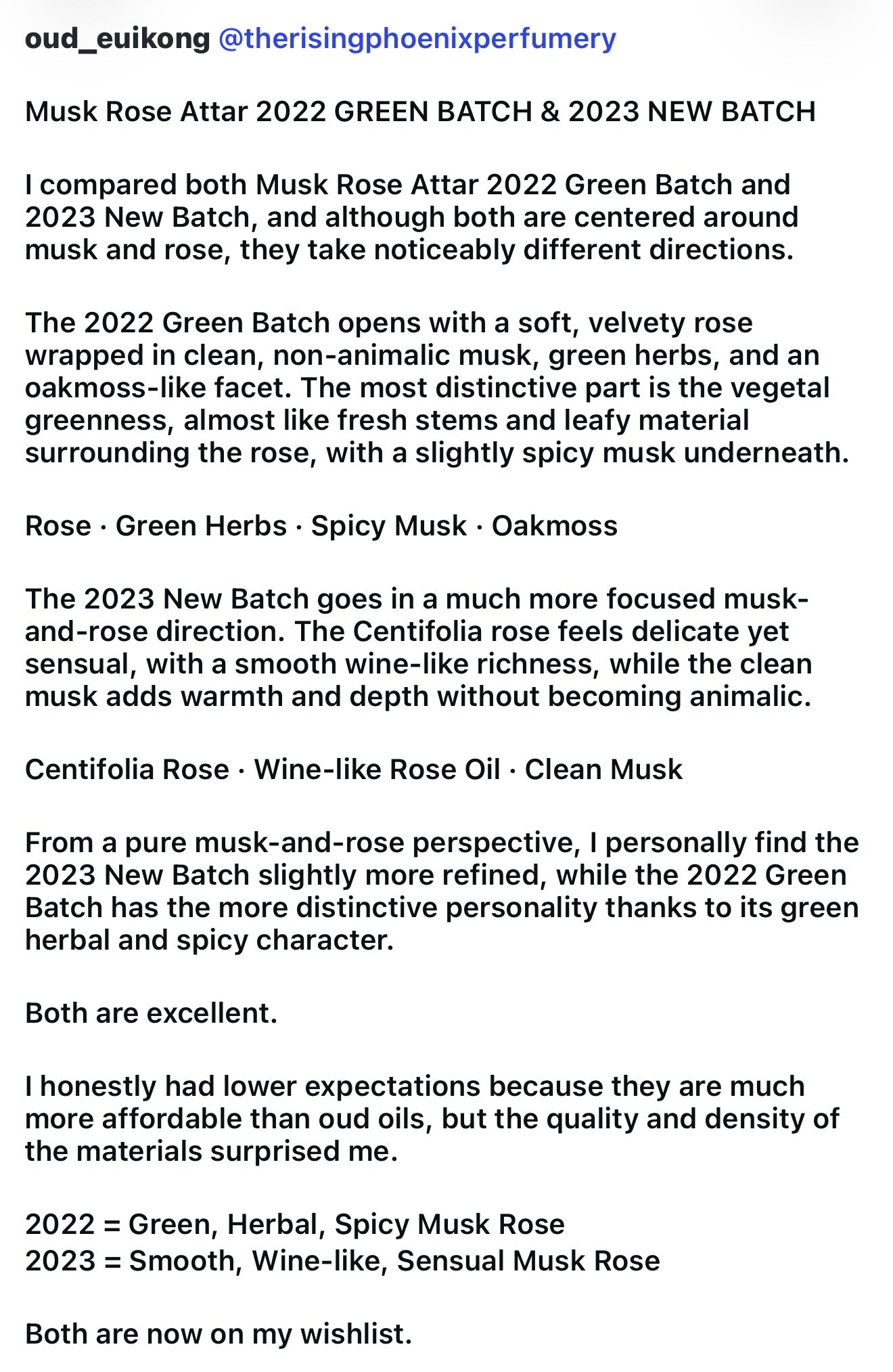 Musk Rose Attar 2022 GREEN BATCH - Available in Quarter Tola as a Pure Attar - or in a 15mL EdP Atomizer