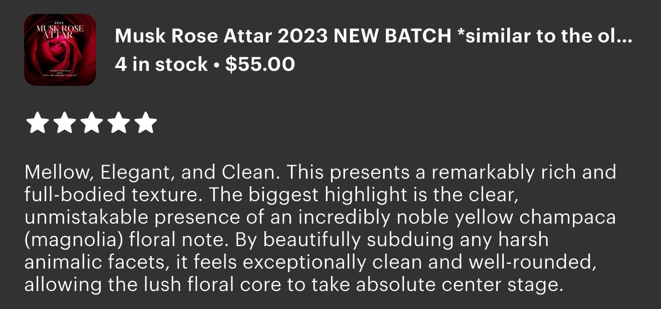 Musk Rose Attar 2023 NEW BATCH *similar to the old batches - Available in Quarter Tola as a Pure Attar - or in a 15mL EdP Atomizer