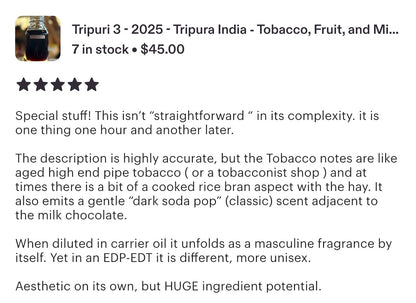 Tripuri 3 - 2025 - Tripura India - Tobacco, Fruit, and Milk Chocolate Profile - Pure Hindi Oud Oil