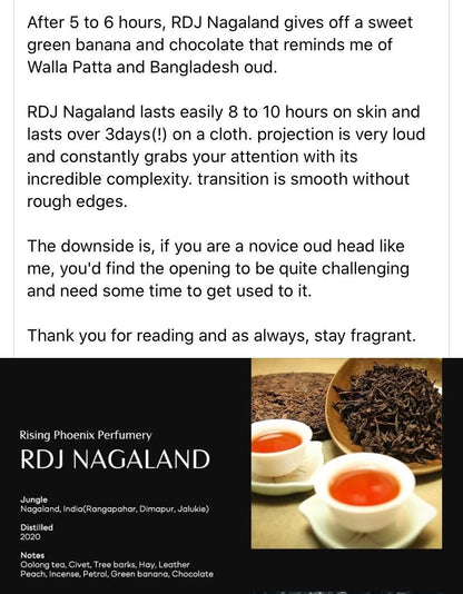 RDJ 2020 Nagaland Oud : Rangapahar, Dimapur, and Jalukie Co-distillation - Pure Wild Hindi Oud Oil - RisingPhoenixPerfumery.com