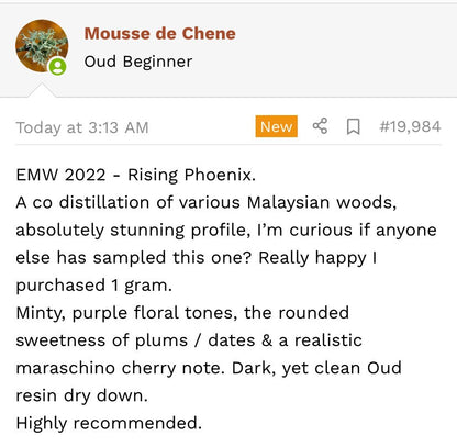 EMW 2022 : West Malaysian Mount Panti Co-Distilled with Sabah Keningau - East Meets West - Pure Dehn al Oudh Oil - Pure New Gen Oud Oil - RisingPhoenixPerfumery.com